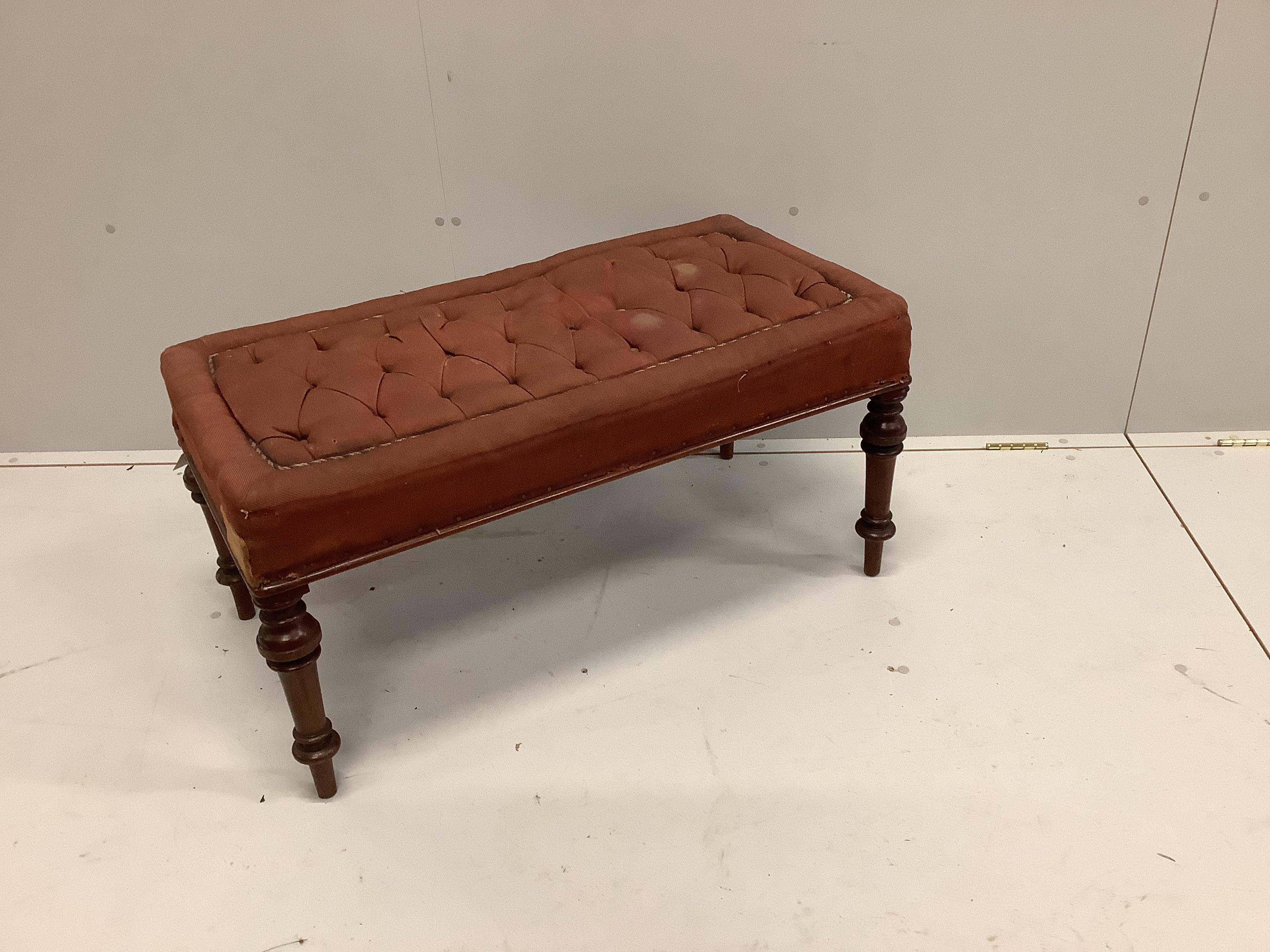 A late Victorian upholstered walnut window seat, width 94cm, depth 46cm, height 46cm
